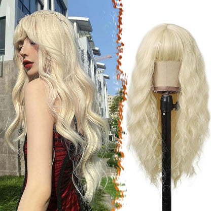 Lange Platinblond Gewellte Perücke mit Pony Halloween Cosplay