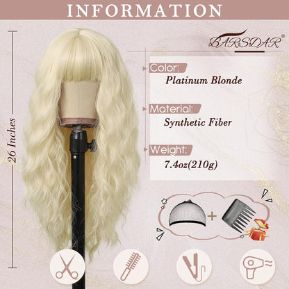 Lange Platinblond Gewellte Perücke mit Pony 66cm für Frauen