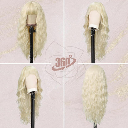 BARSDAR Lange Platinblond Wellen Perücke mit Pony 66cm - Synthetische Haarperücke für Frauen - Cosplay Party Halloween