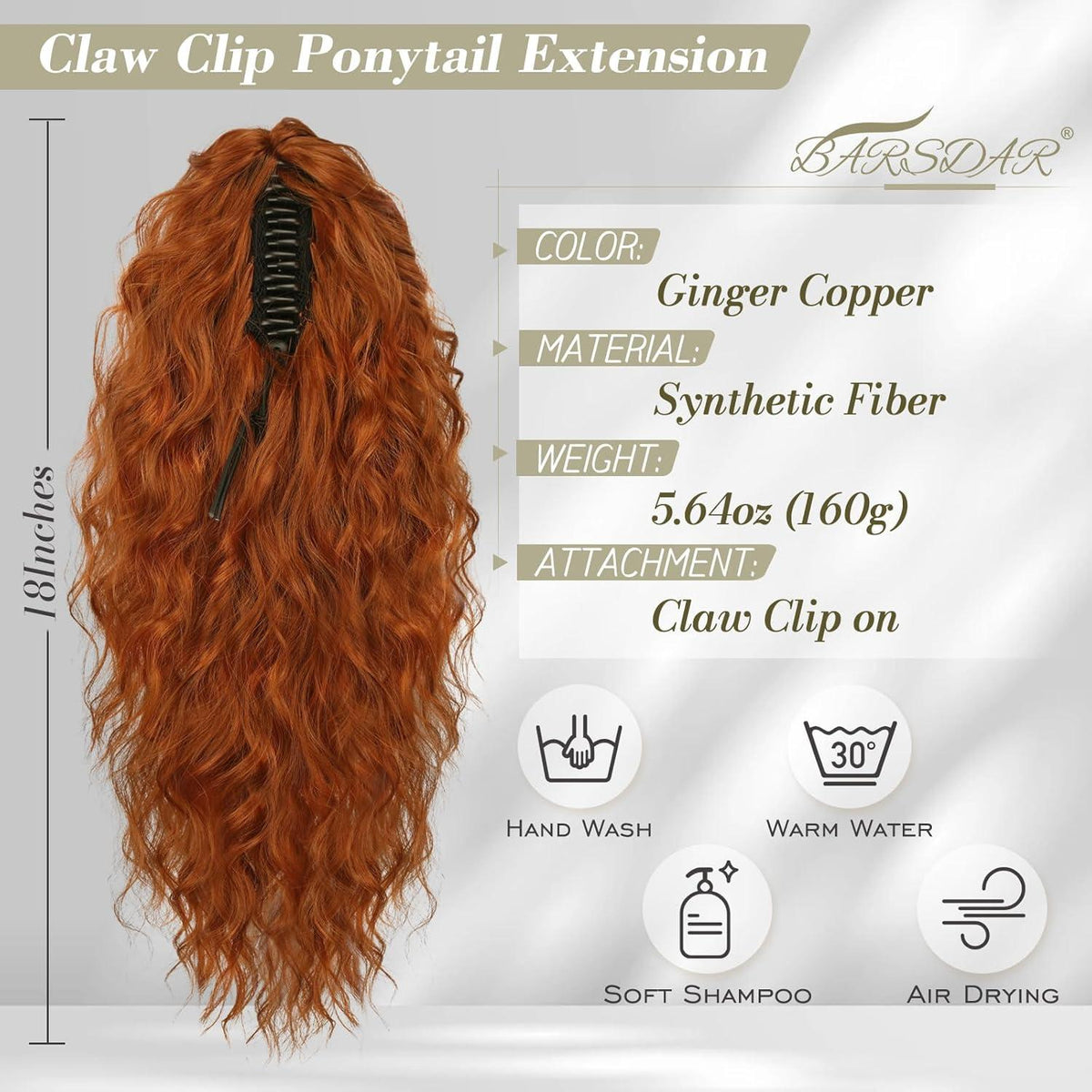 BARSDAR Pferdeschwanz Haarteil Kupfer 45cm Clip in