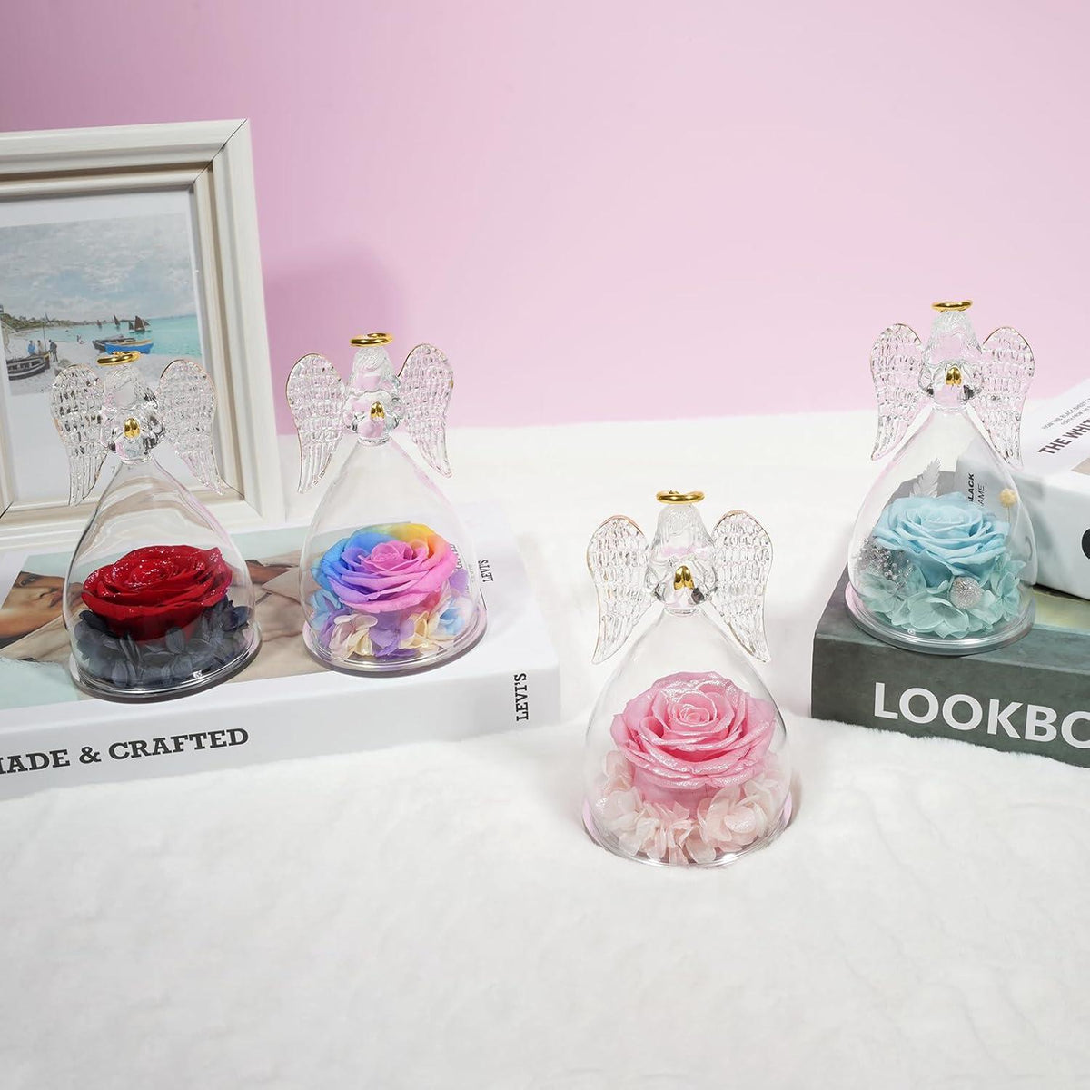 Engel Figur Ewige Rose Geschenk für Frauen Glaskuppel Muttertag
