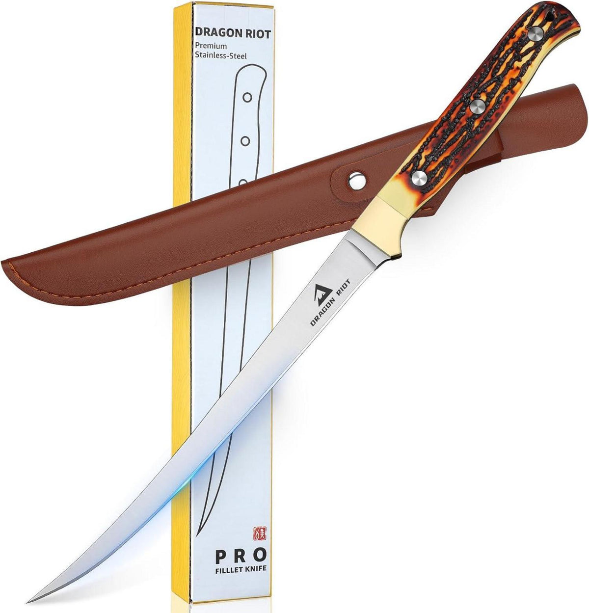 DRAGON RIOT Filetiermesser Fisch 18.5 CM Anti-Rutsch-Griff & Scheide