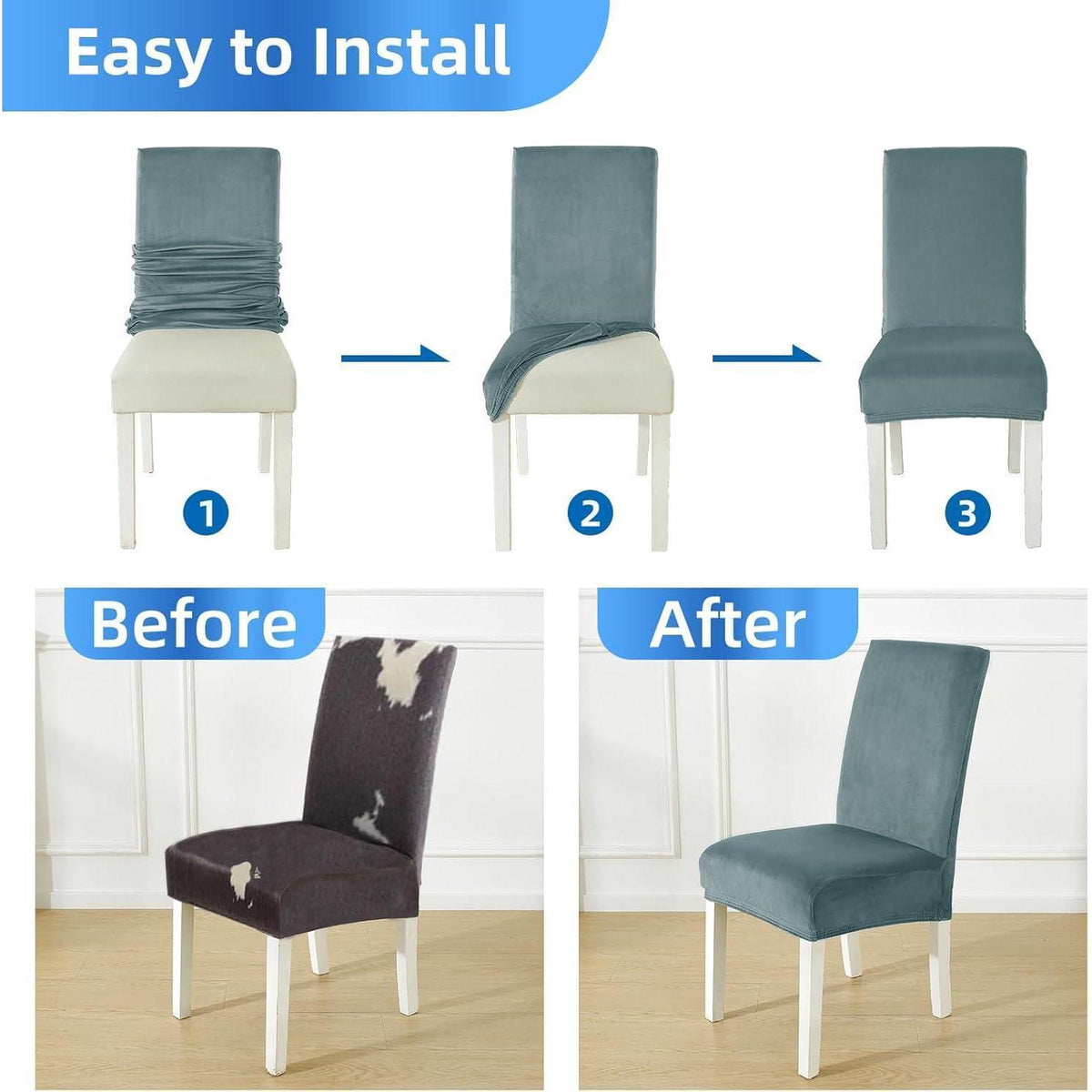 Samt Stuhlhussen 4er Set – Stretch & Waschbar Graublau