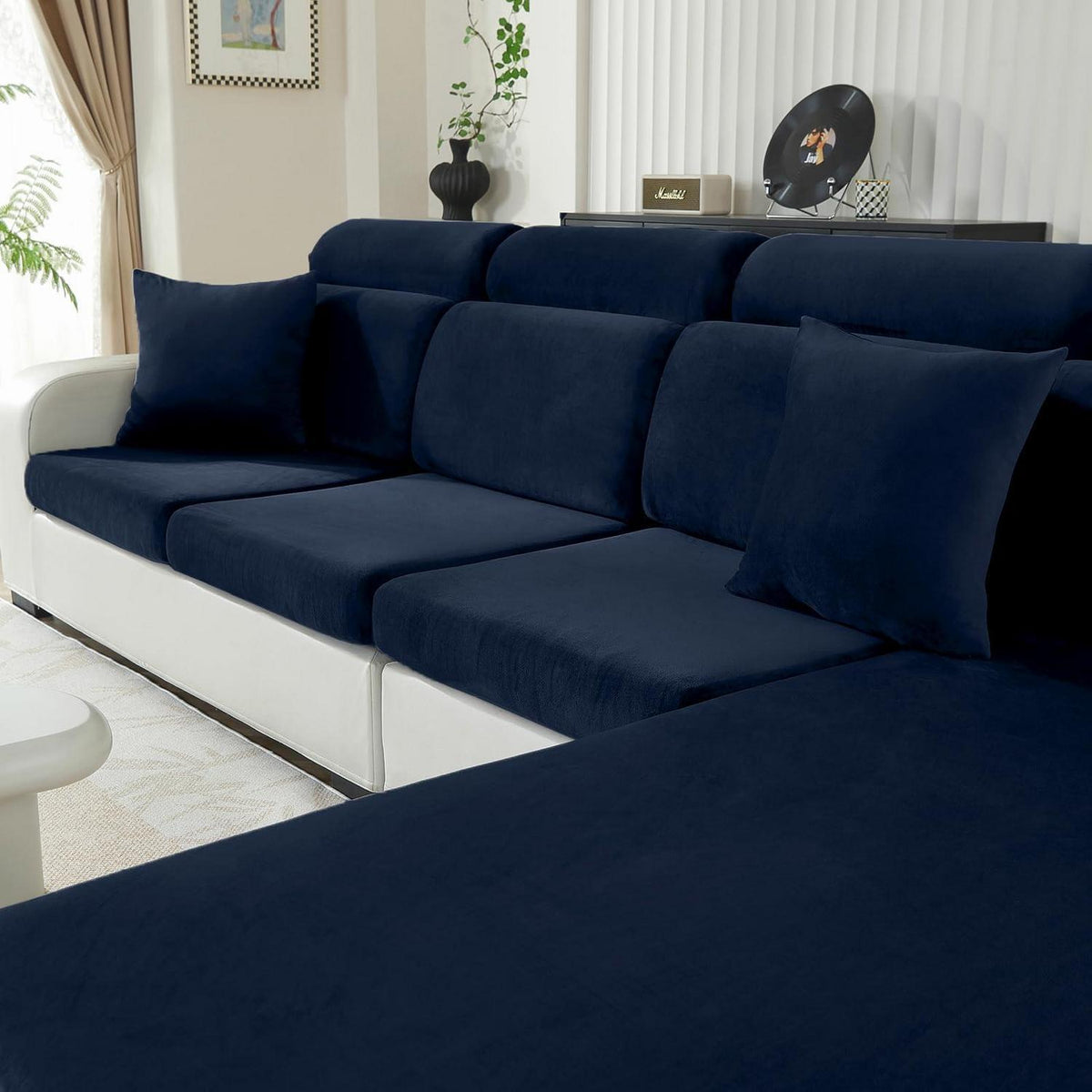 Samt Sofaüberzug Stretch Dunkel Blau – Rutschfest & Waschbar