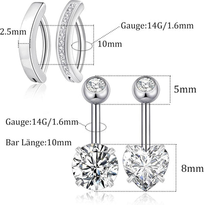 Bauchnabelpiercing Set 316L Chirurgenstahl 14G Zirkonia Herz 10mm