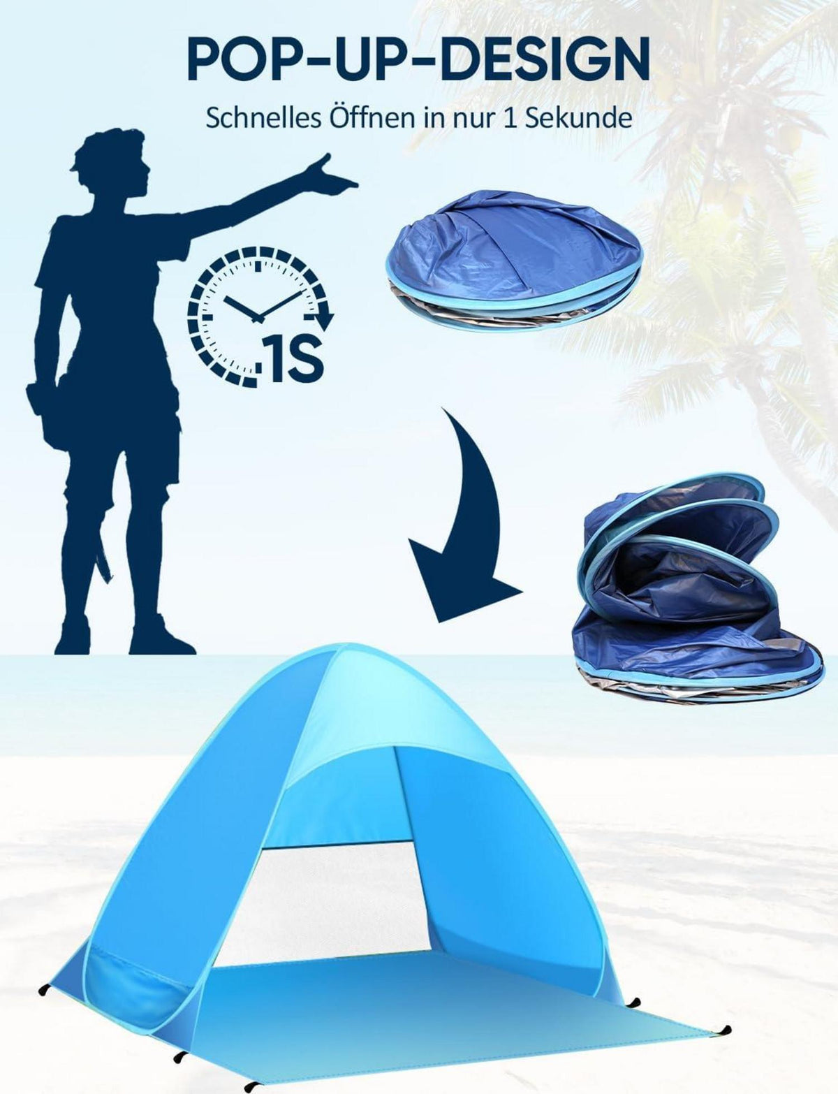 Pop-Up Strandmuschel UV-Schutz 50 für 2-3 Personen Strandzelt wasserdicht