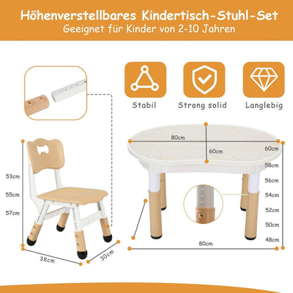 Kindertisch mit 2 Stühlen Erdnussform höhenverstellbar