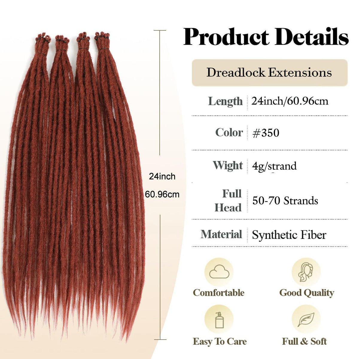 24 Zoll Auburn Dreadlocks Extensions – 20 Stränge Handmade
