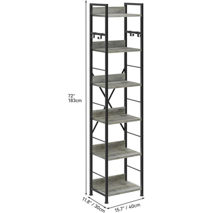 Bücherregal 6-Ebenen, Industriell, Graues Standregal mit Haken
