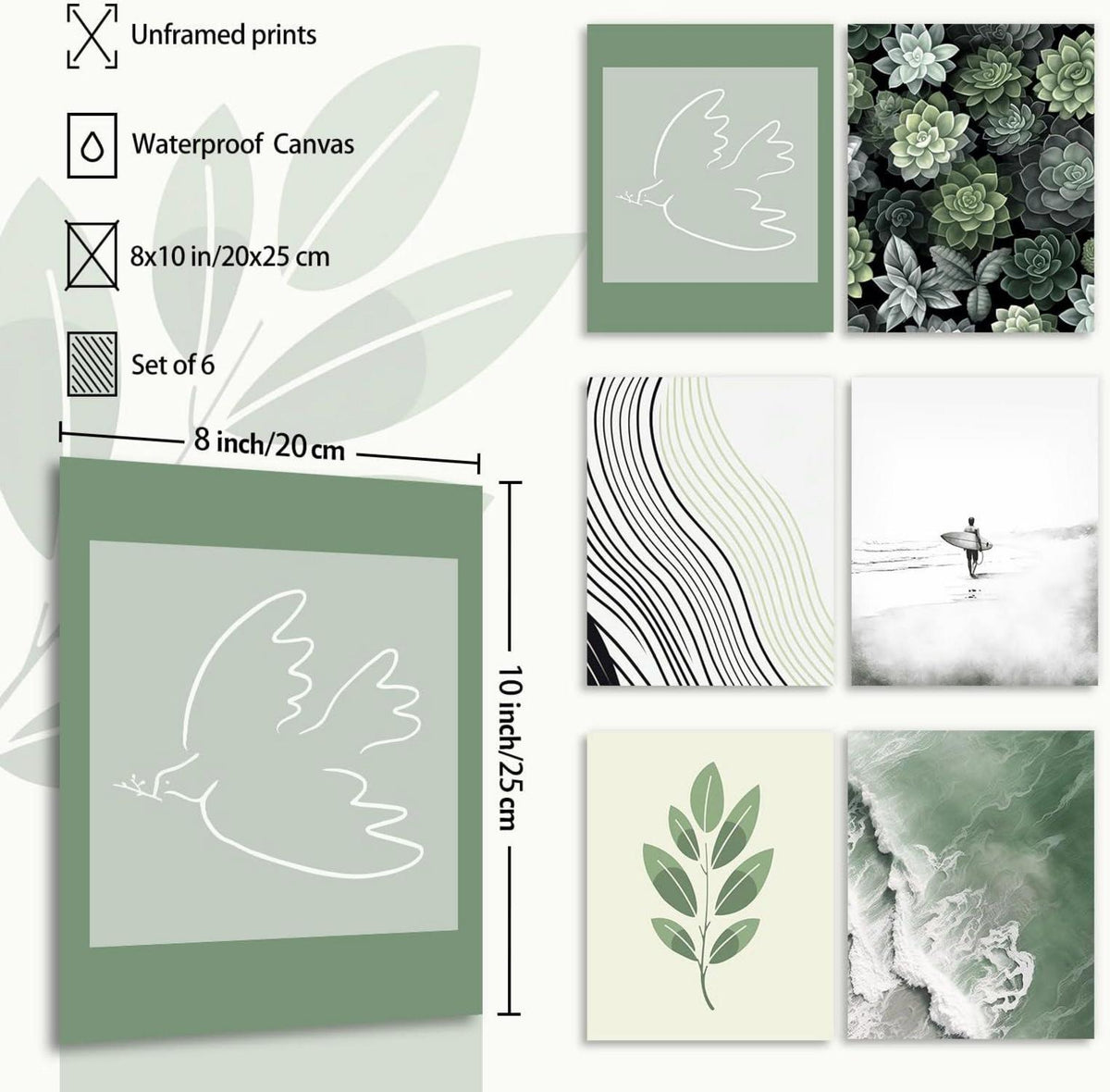 Strand Wandbilder Set Salbei Grün Botanische Drucke 6er 20x25cm