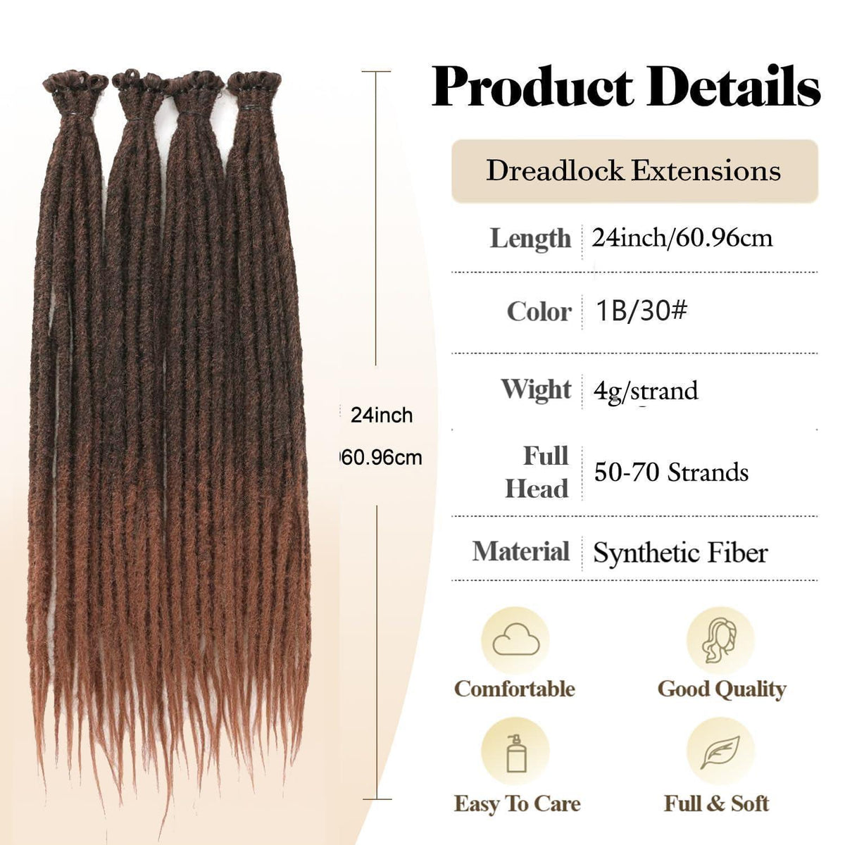 24 Zoll Braune Ombre Dreadlocks Extensions - 20 Stränge Handgemacht