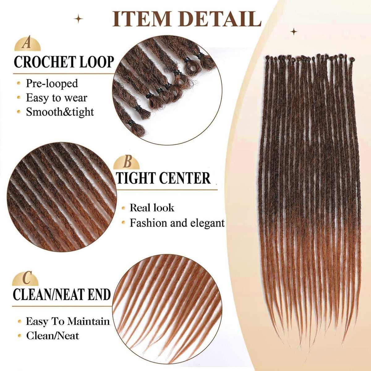 24 Zoll Braune Ombre Dreadlocks Extensions - 20 Stränge Handgemacht