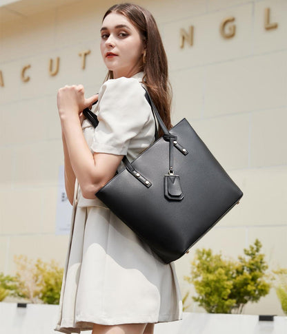 Weiches Leder Damen Tote Tasche mit Reißverschluss - Schwarz