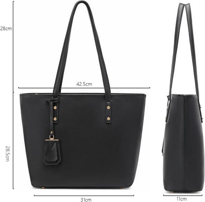 Damen Handtasche Schwarz Leder Tote Reißverschluss groß Schule Alltag