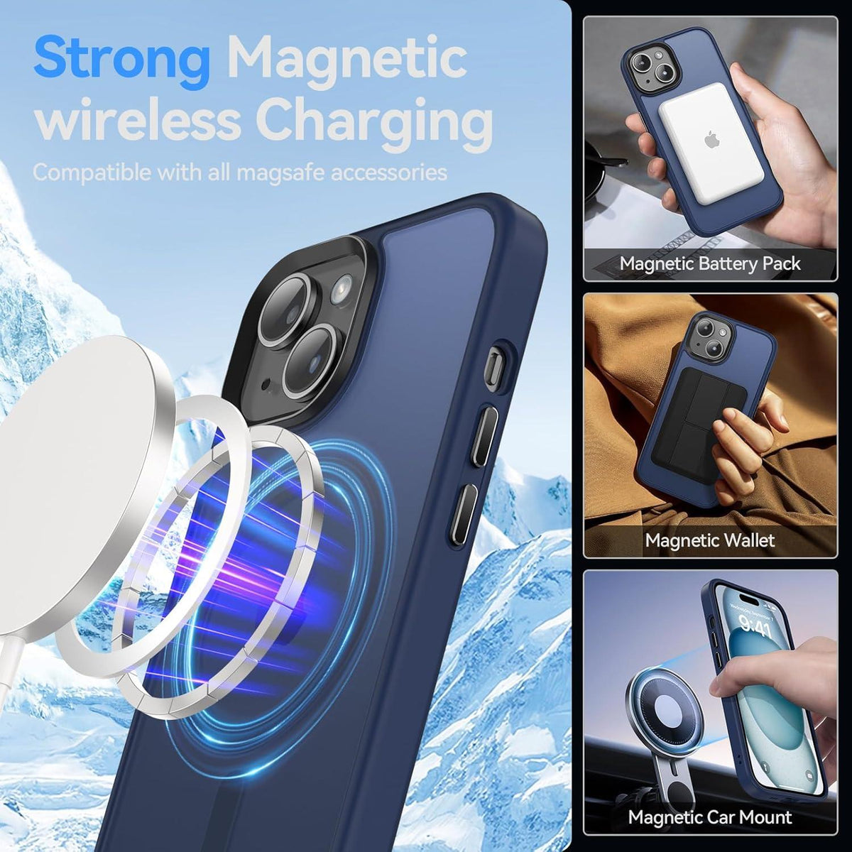 iPhone 15 Hülle mit MagSafe und Schutzfolie Blau, Stoßfeste Mattierte Hülle