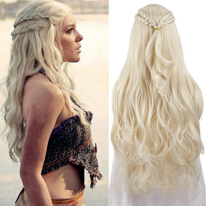 Khaleesi Cosplay Perücke – Lange, gewellte Zöpfe, Hellblond