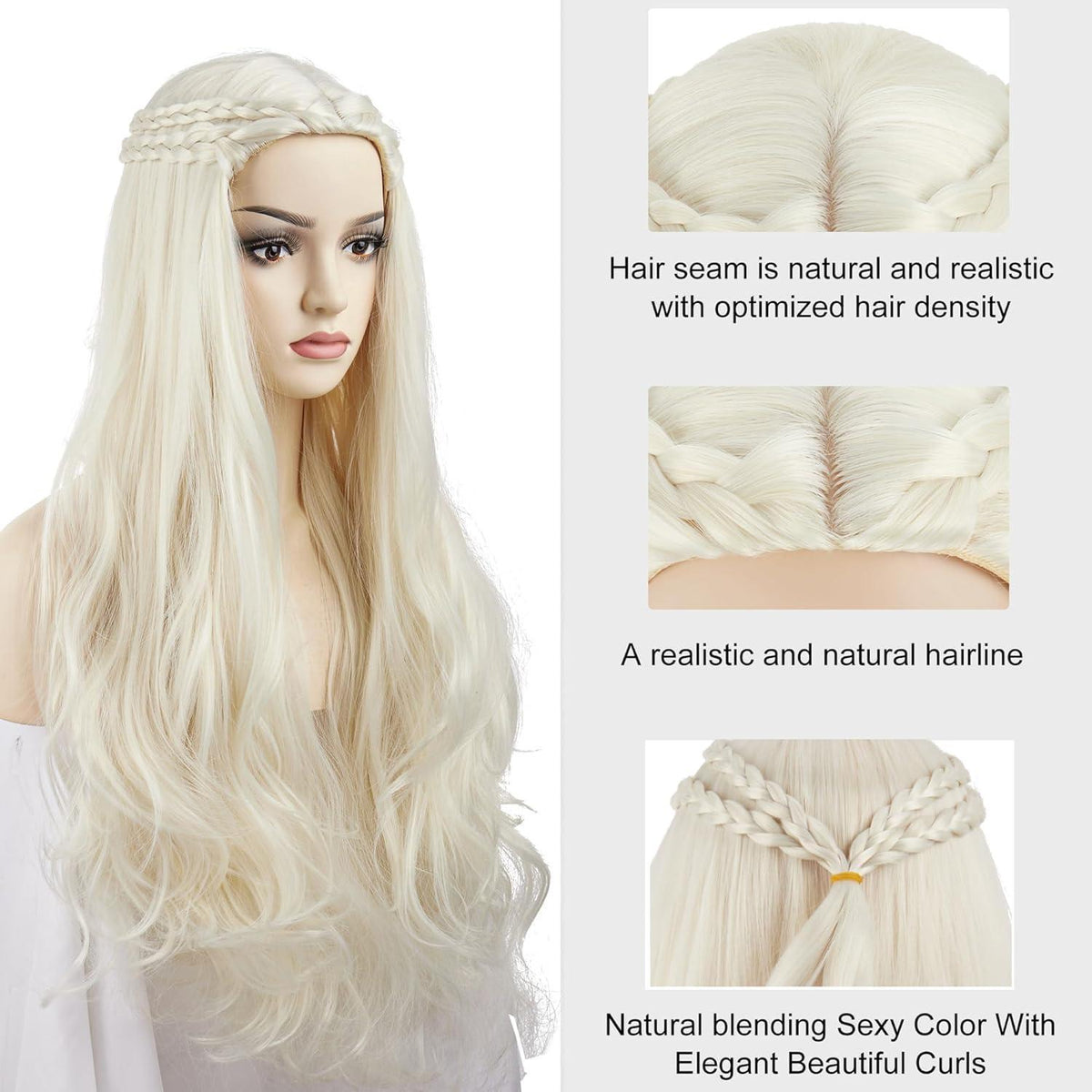 Khaleesi Cosplay Perücke – Lange, gewellte Zöpfe, Hellblond