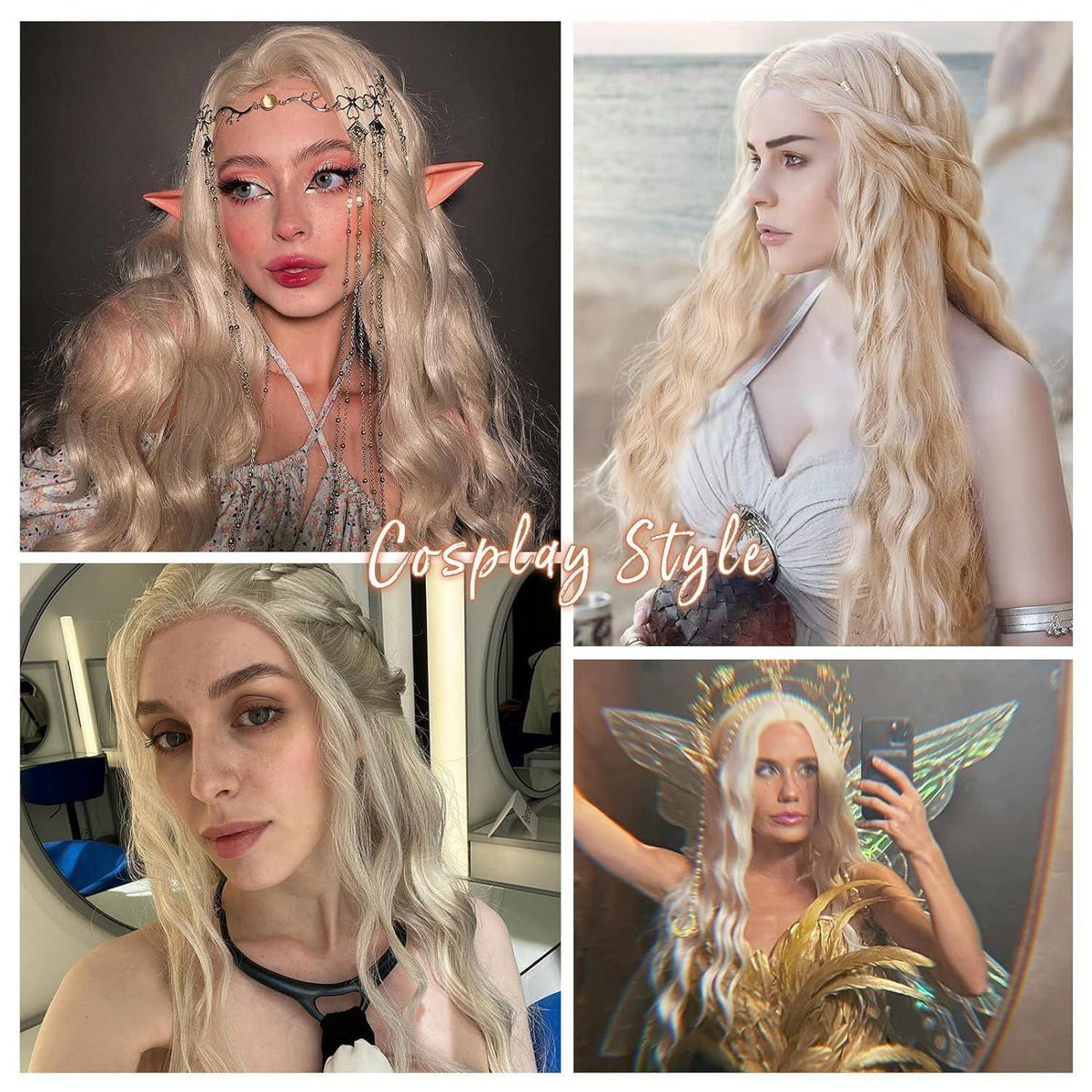 Khaleesi Cosplay Perücke – Lange, gewellte Zöpfe, Hellblond
