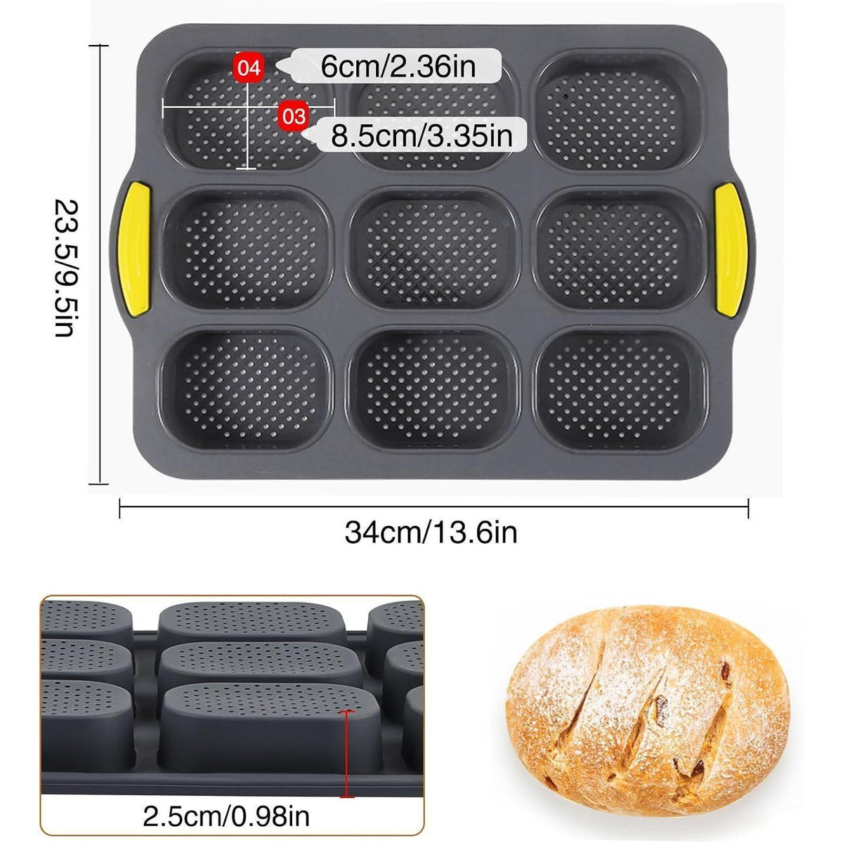 Silikon Backform 9-Loch für Brötchen & Brot – Grau mit Pinsel
