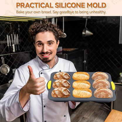 Silikon Backform 9-Loch für Brötchen & Brot – Grau mit Pinsel