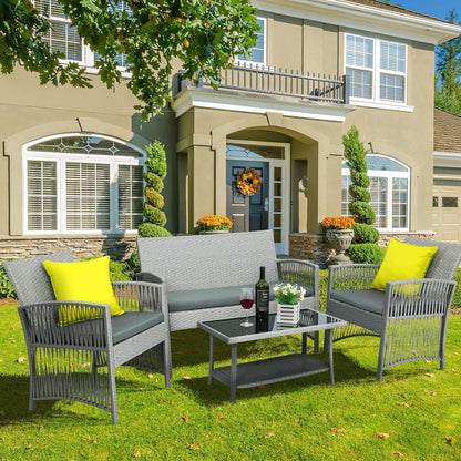 Rattan Gartenmöbel Set 4-Teilig Grau Outdoor Balkonmöbel
