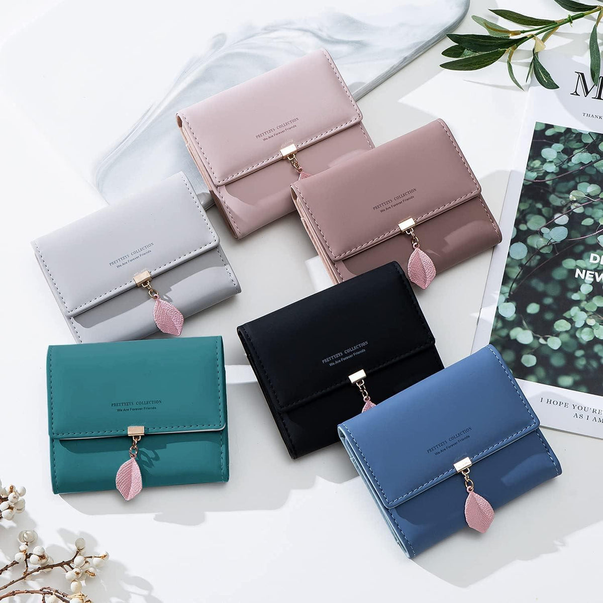 ANYWN Mini Geldbörse Damen Kunstleder Portemonnaie Fächer Blau