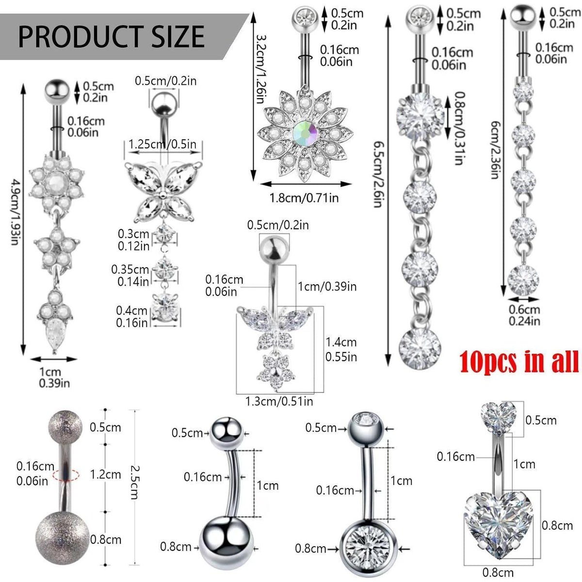 10er Set Bauchnabelpiercing Schwangerschaft mit Anhängern