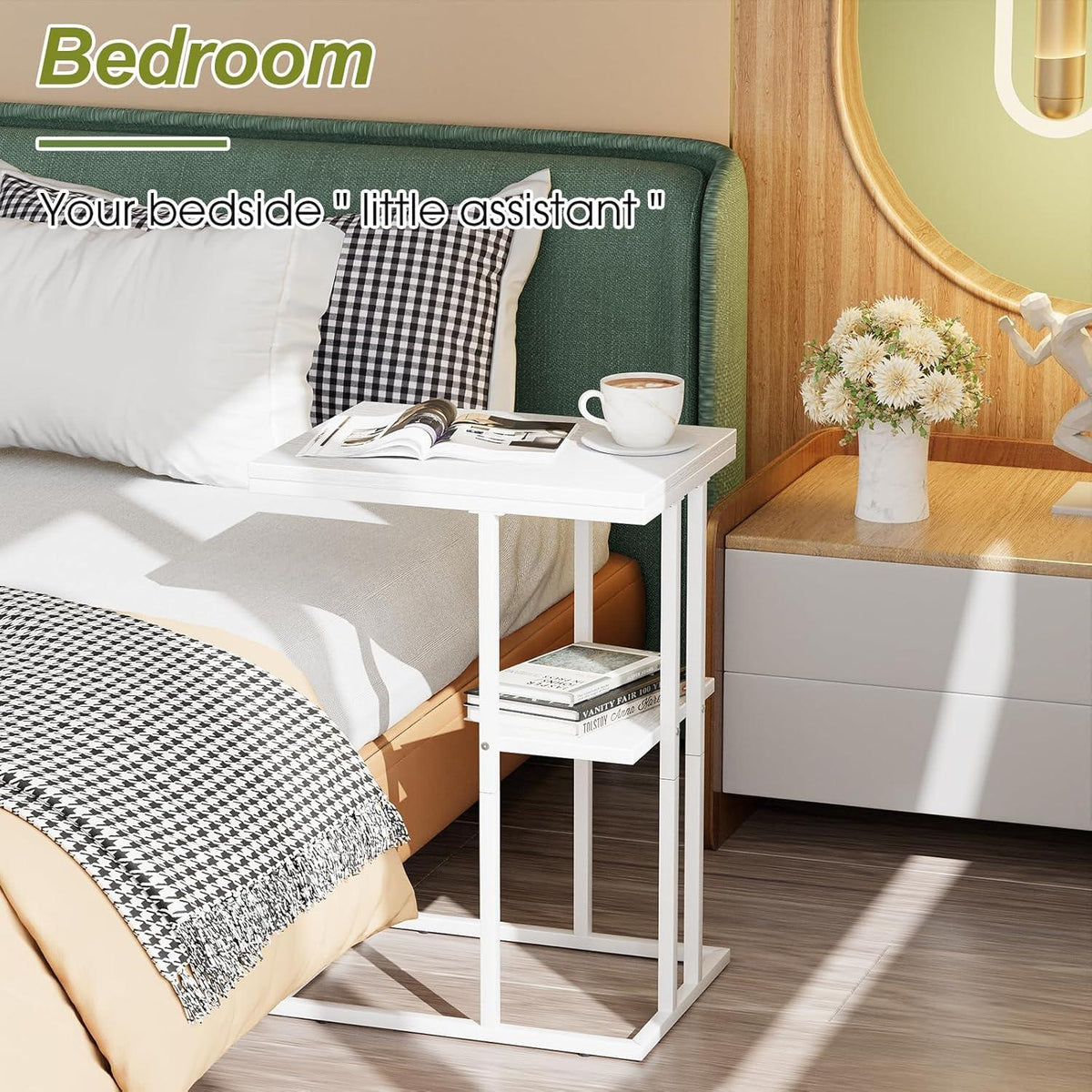 C-Förmiger Beistelltisch Holzoptik Weiß 2 Ablagen TV Sofa Bett Laptop Tisch