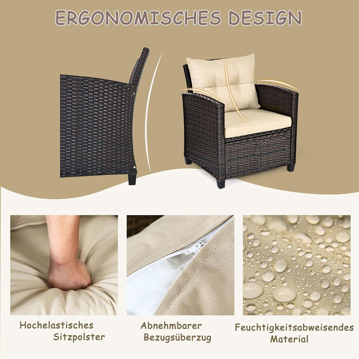 3tlg. Polyrattan Gartenmöbel Set mit Gartensessel&Rattantisch