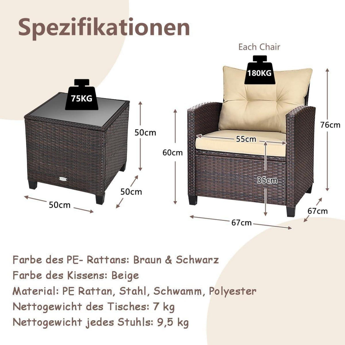 3tlg. Rattan Balkonset, Polyrattan Gartenmöbel mit