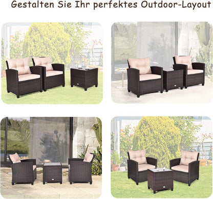 Rattan Balkonset Polyrattan Gartensitzgruppe mit Sitzkissen & Rückenkissen