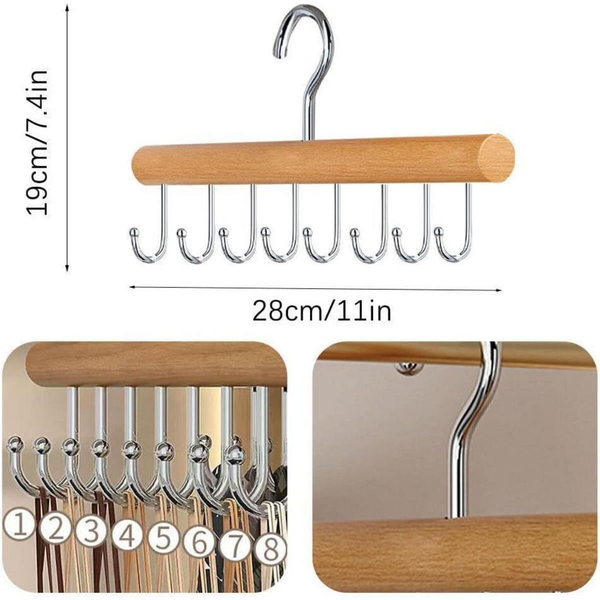 Holz Gürtelhalter mit 8 Haken – Platzsparender Kleiderbügel Organizer