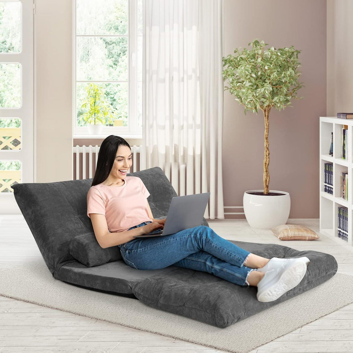 GOPLUS Bodensofa mit Schlaffunktion & Verstelllehne (Grau)