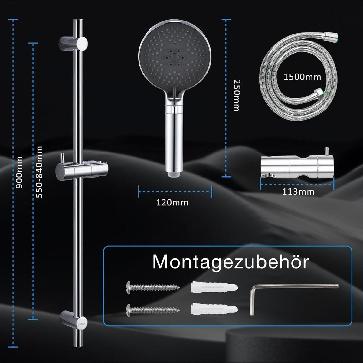Edelstahl Duschstange mit Brause 90cm – Komplettset mit Handbrause
