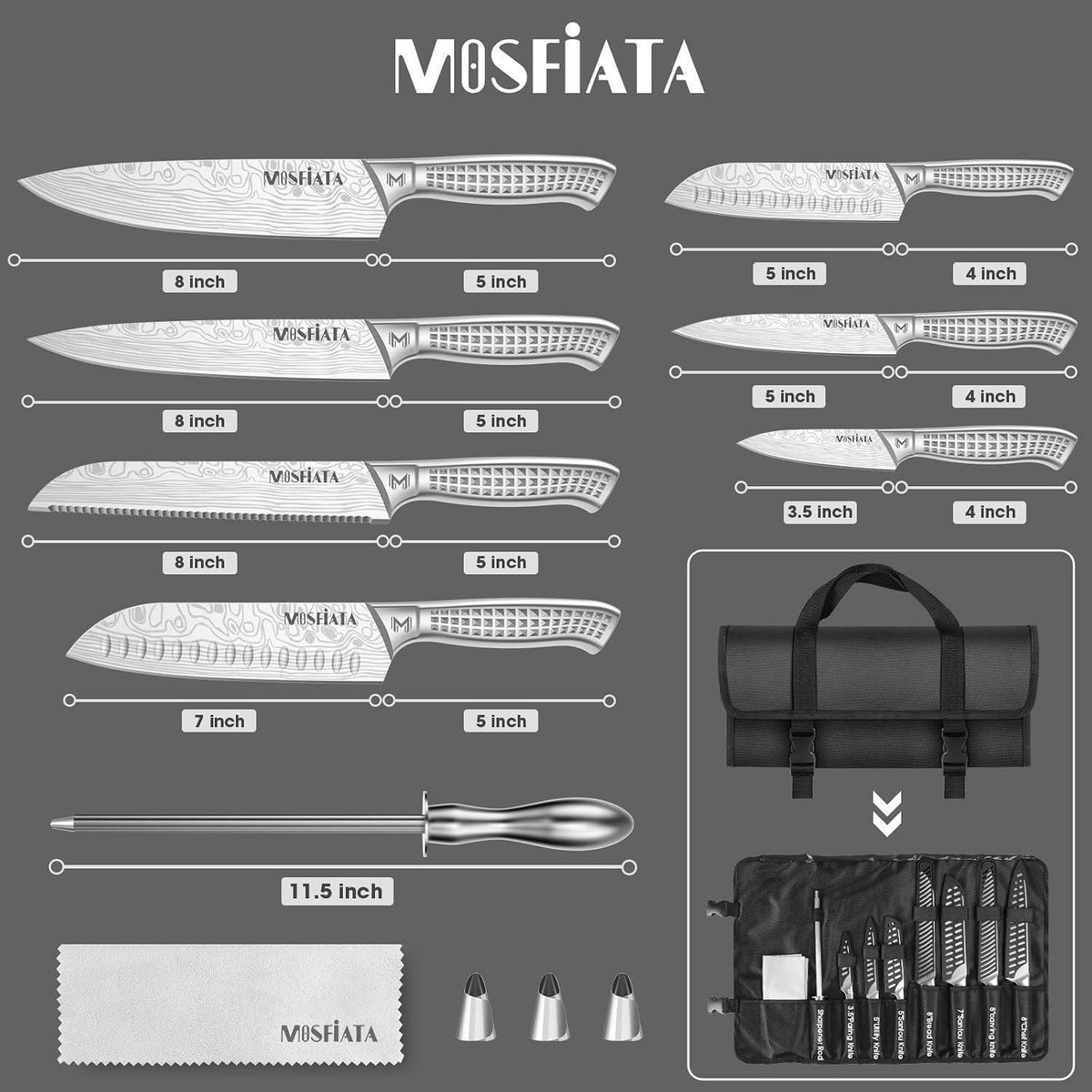 12-teiliges Küchenmesser-Set Edelstahl mit Tasche & Wetzstahl
