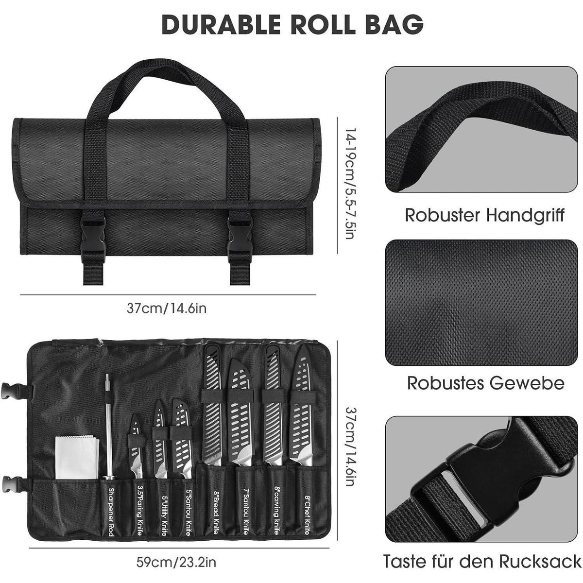 12-teiliges Küchenmesser-Set Edelstahl mit Tasche & Wetzstahl