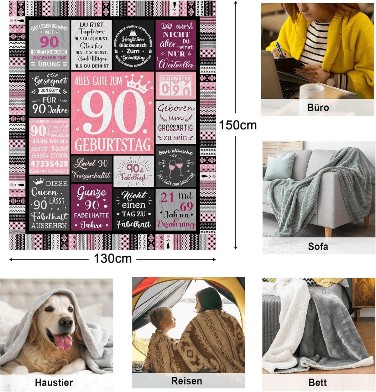 Flanell Decke 150x130CM Frauen 90. Geburtstag Geschenk warm