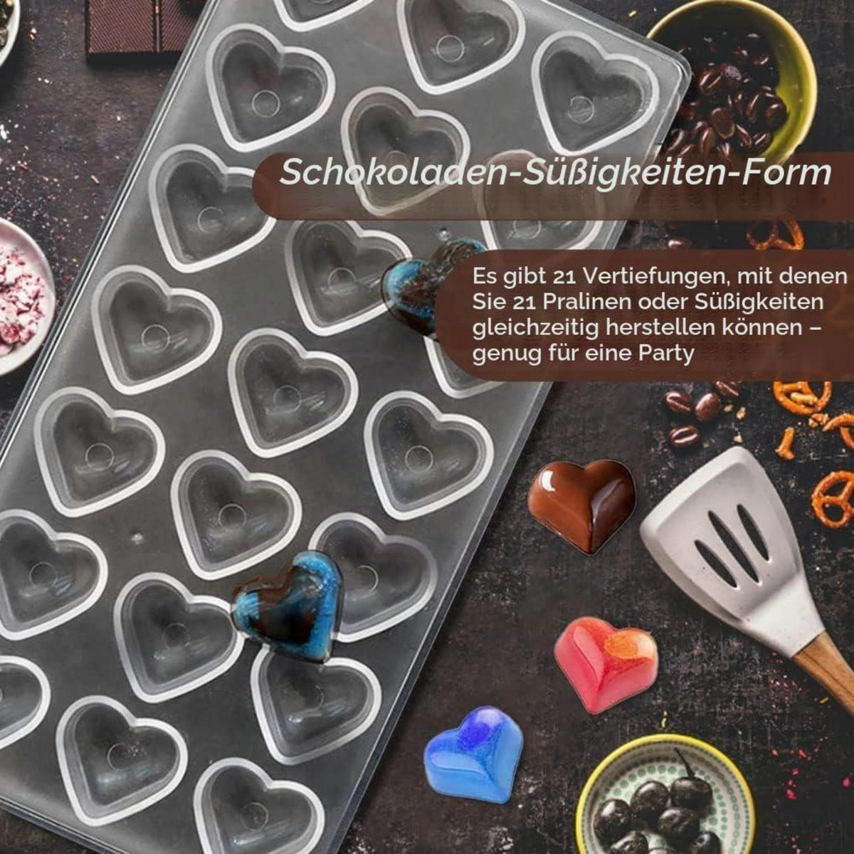Herzförmige Schokoladenform aus Polycarbonat - 21 Loch