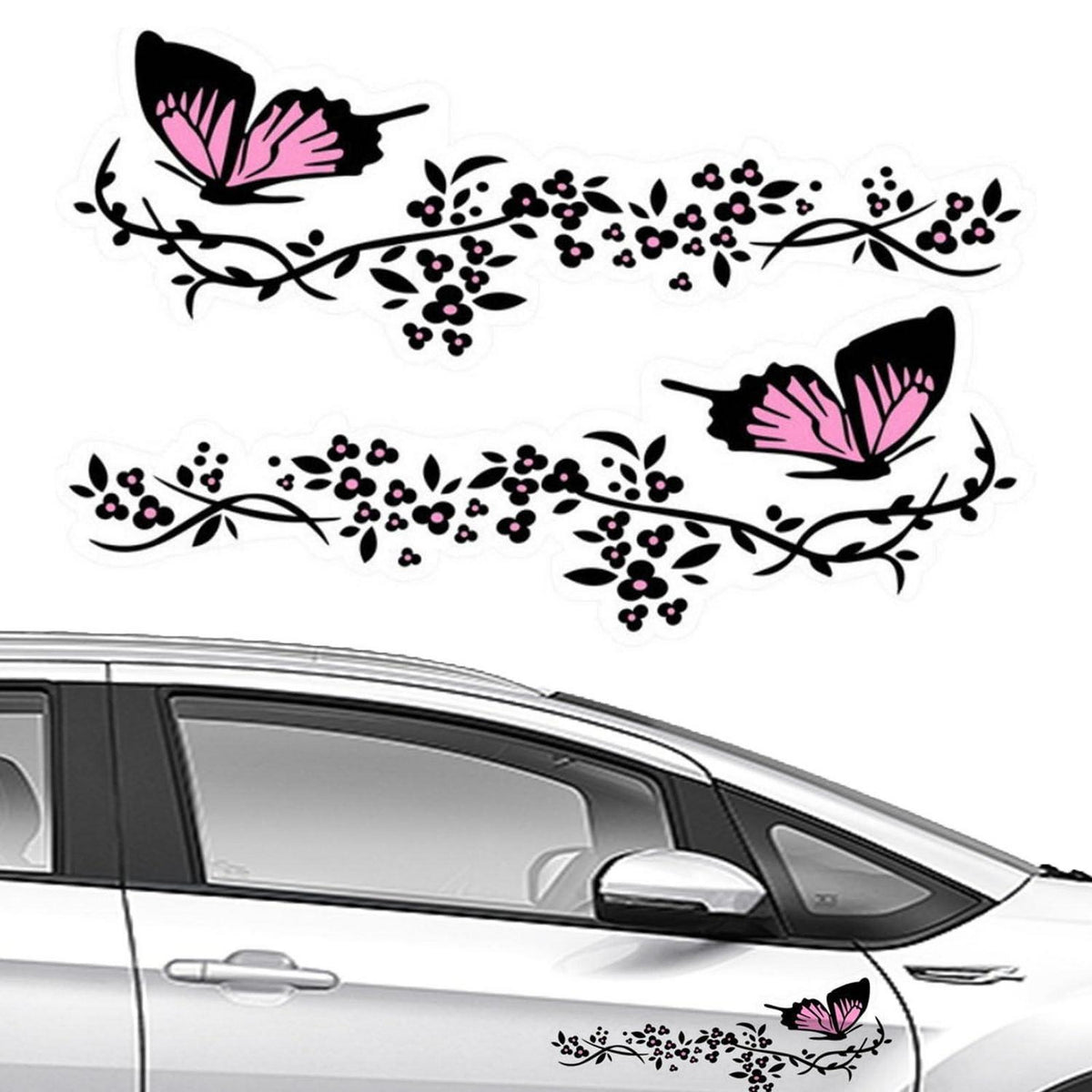 2x Schmetterlings-Aufkleber Auto Blumen Schwarz Rosa