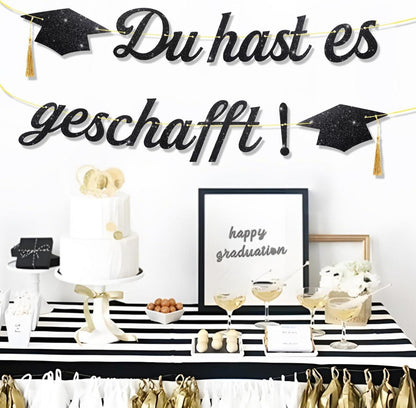 BETESSIN Graduation Deko Abschlussfeier Girlande Schwarz Glitzer Hut Motiv Banner