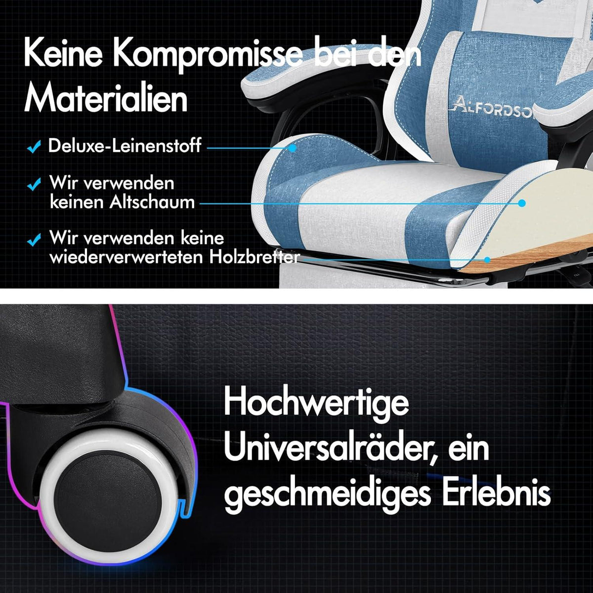 Gaming-Stuhl mit LED, Massage, RGB, Ergonomisch, Stoff - Hellblau