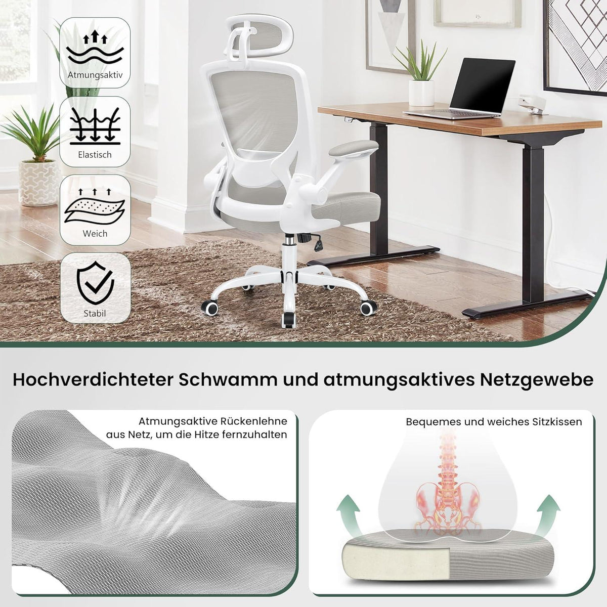 Ergonomischer Bürostuhl, Chefsessel, Kopfstütze, Armlehnen, 150 kg, Hellgrau