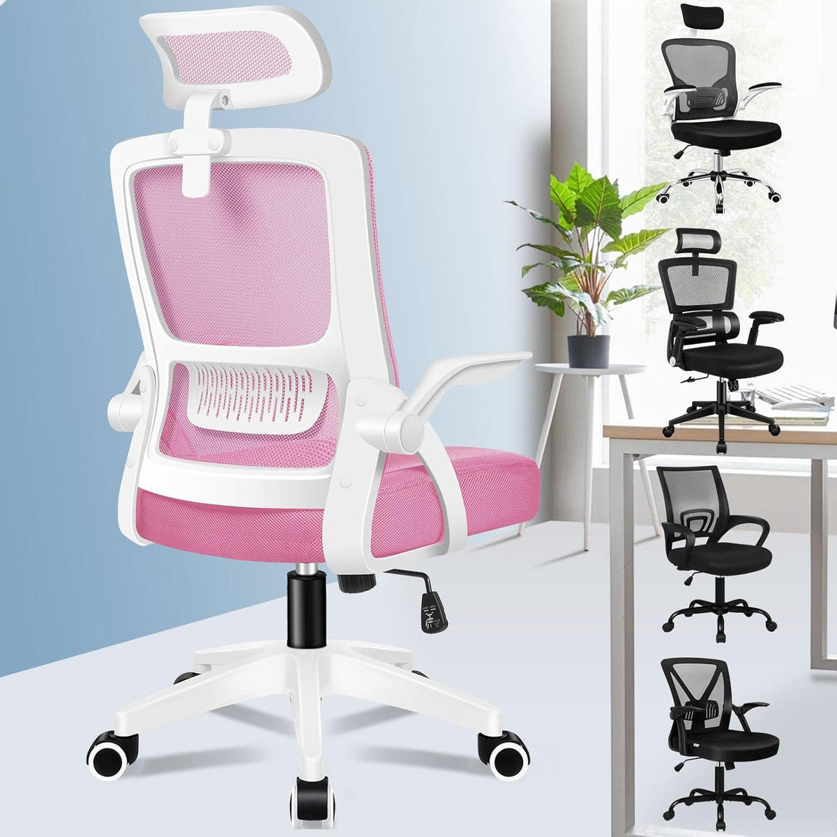Ergonomischer Bürostuhl mit Kopfstütze und Lordosenstütze, Rosa