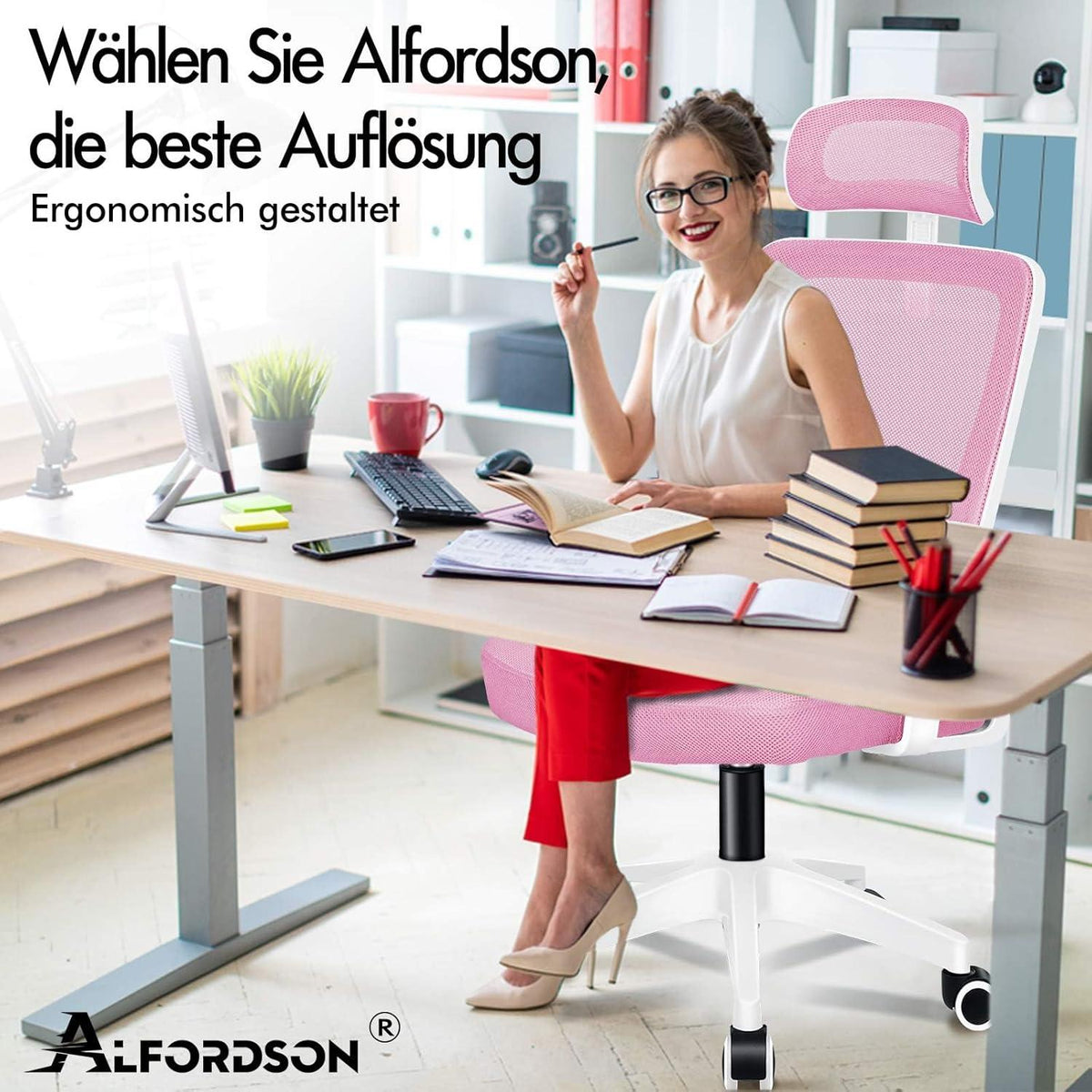 Ergonomischer Bürostuhl mit Kopfstütze und Lordosenstütze, Rosa