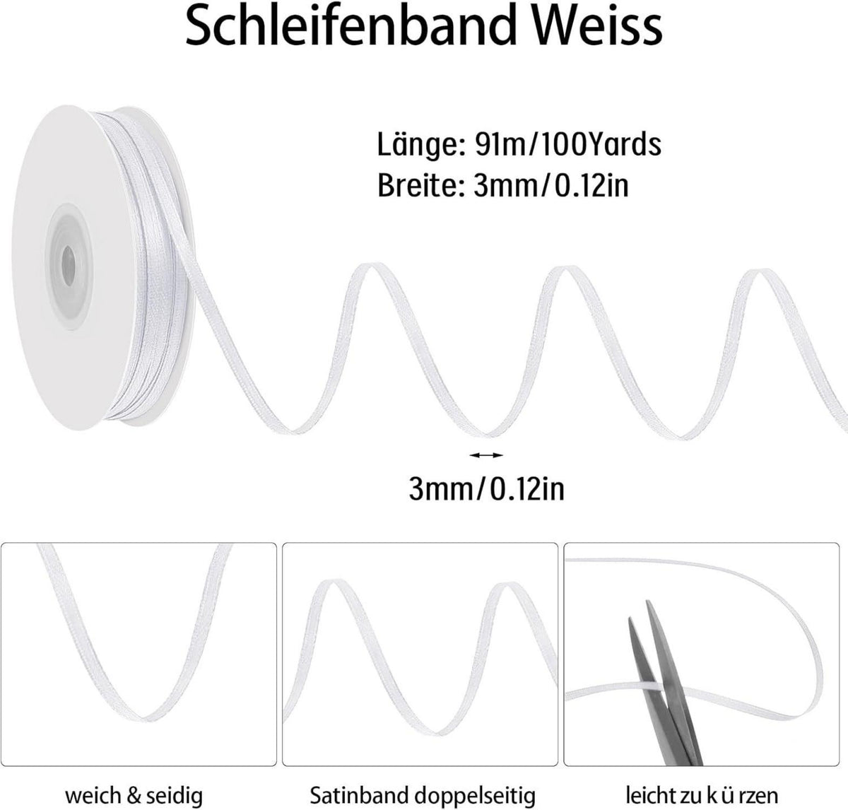 Dekoband Weiß 3 mm Satinband 91 Meter Geschenkband Hochzeit