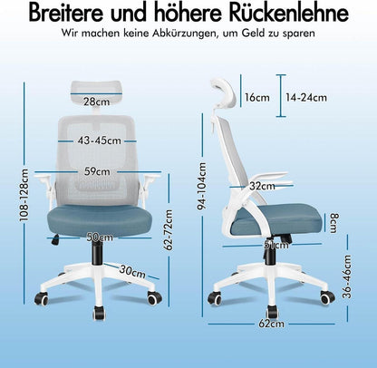 Bürostuhl mit Kopfstütze und Lordosenstütze, Blau/Grau