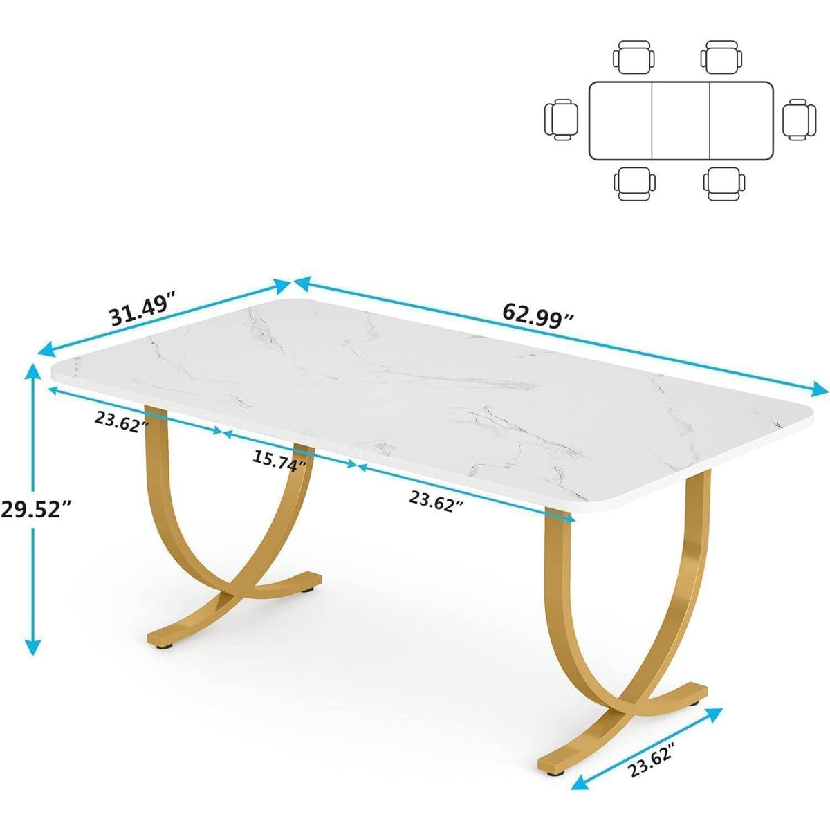 Moderner Esstisch Weiß & Gold | 160x80cm | Küchentisch für 6 Personen