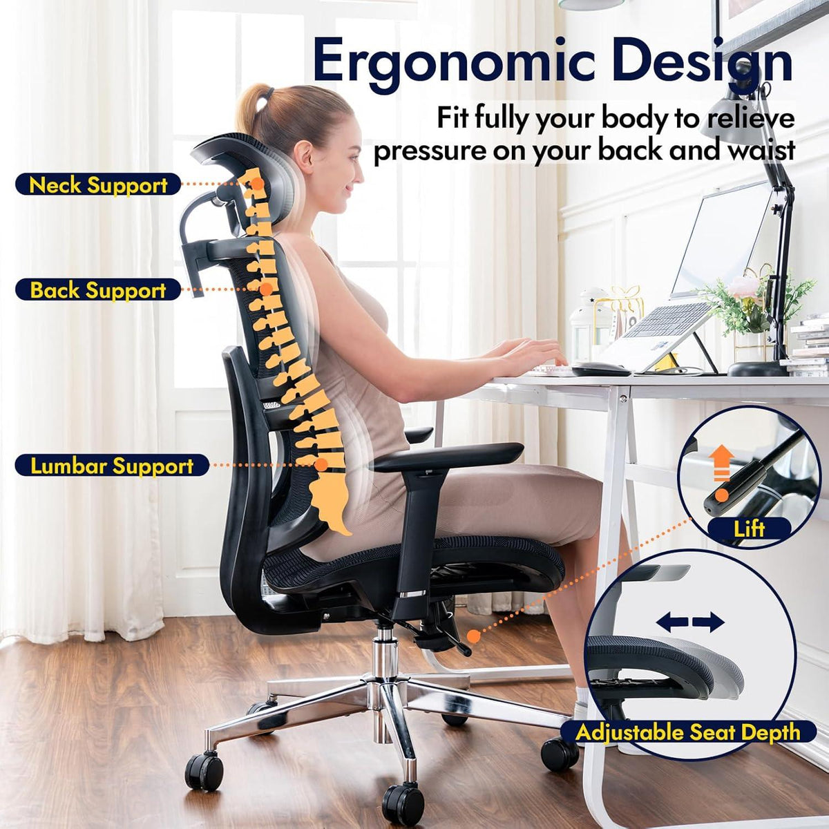 Ergonomischer Bürostuhl Hoher Rücken Netz Schreibtischstuhl Lendenwirbelstütze Gaming-Stuhl Armlehne KopfstützeGroß Drehbarer Computerstuhl 150KG