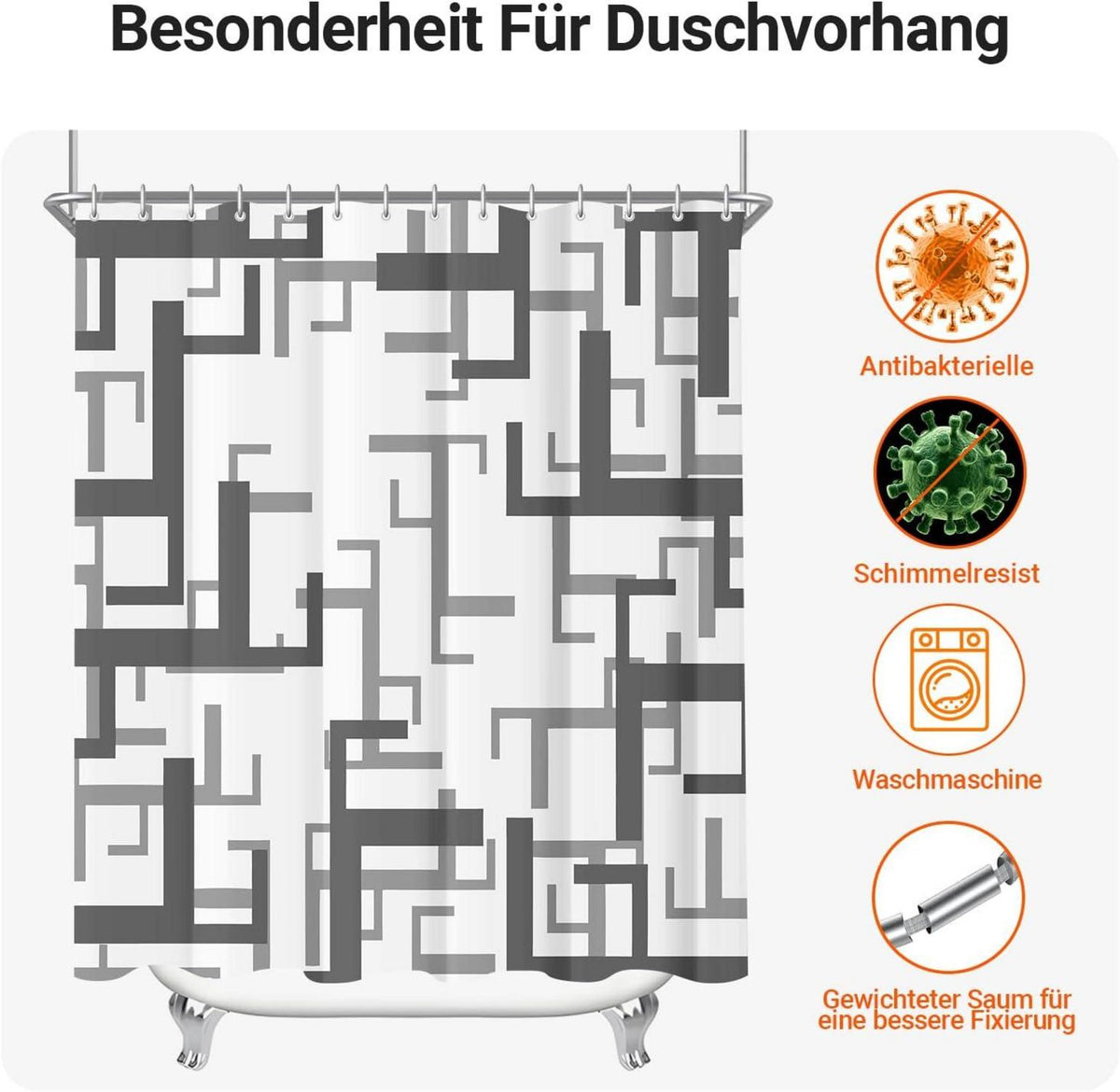 Duschvorhang 180x200cm Antischimmel Block Textil Wasserabweisend Polyester
