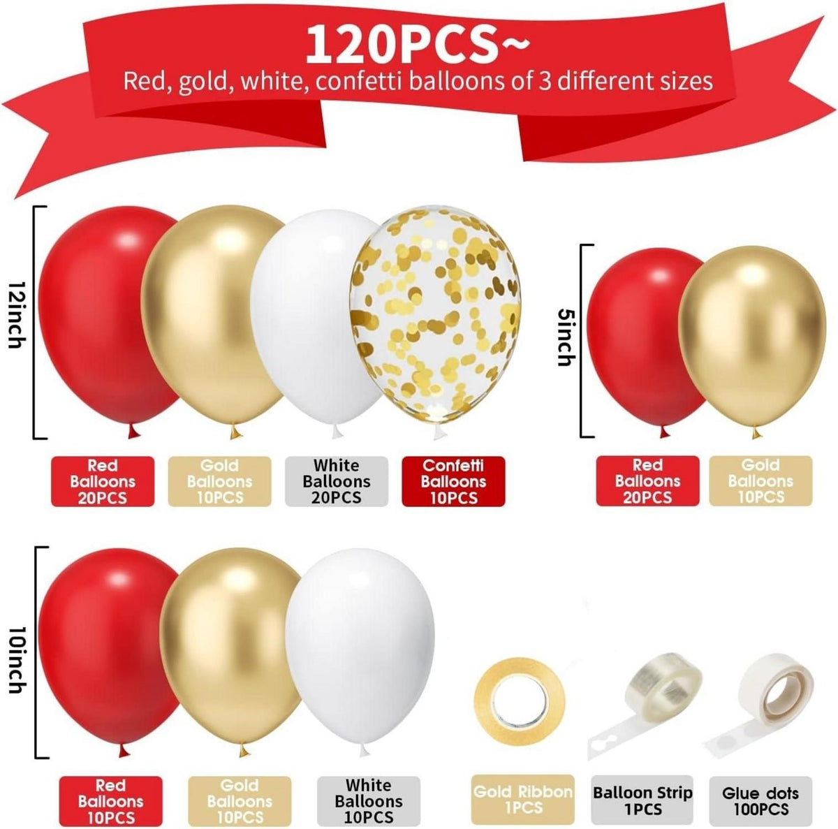Luftballon Girlande Rot Weiß Gold 120 Stück Kit für Dekoration